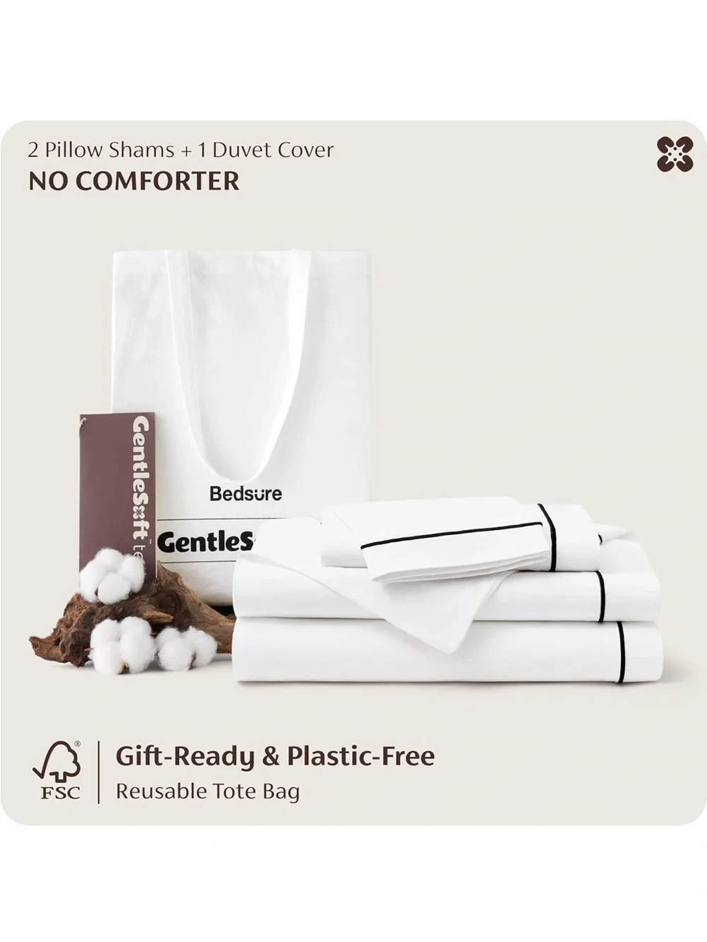 NEW Bedsure Hotel Collection 3 pc Duvet Cover Set, 100% Cotton. White with Frame